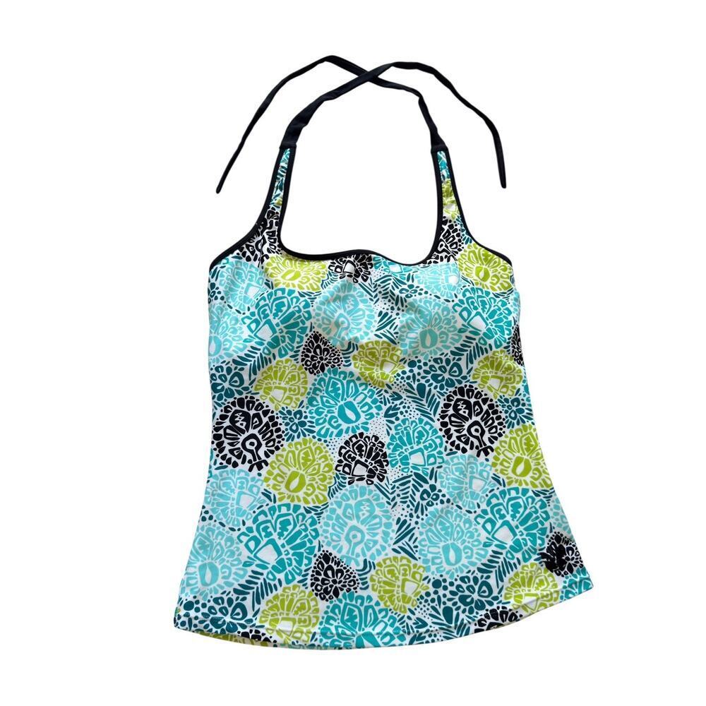 HAPARI Blue Multi Tankini Halter Tank Top Swimsuit Sz L Black Trim